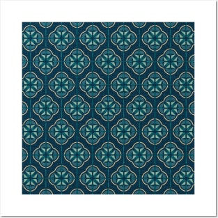 Retro Floral Geometric Tile / Pine Green Posters and Art